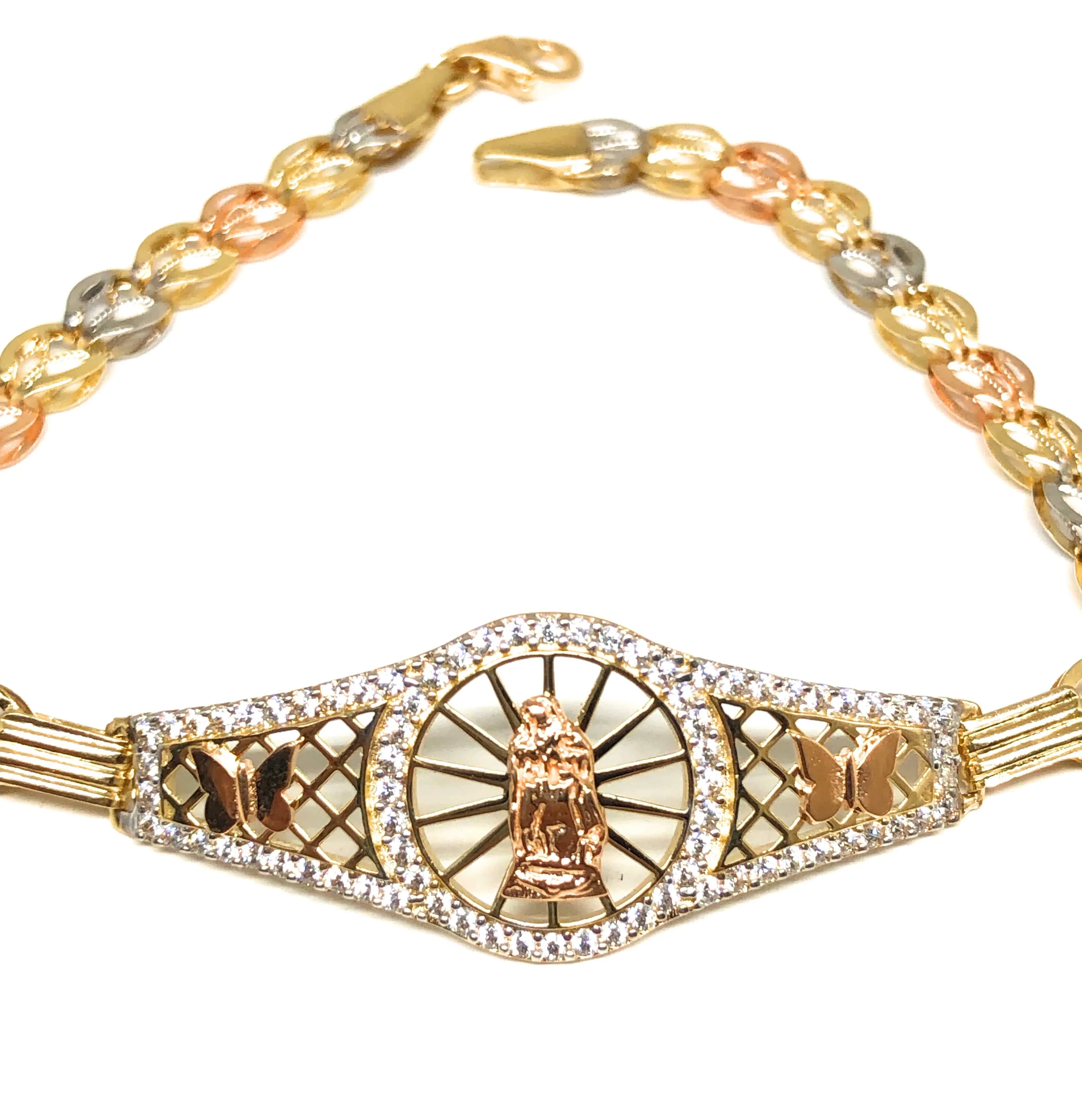 14k Solid Gold Tri-Color Virrgin Mary Brracelet Cubic Zirconia 7.2 inch Virrgen Guadalupe