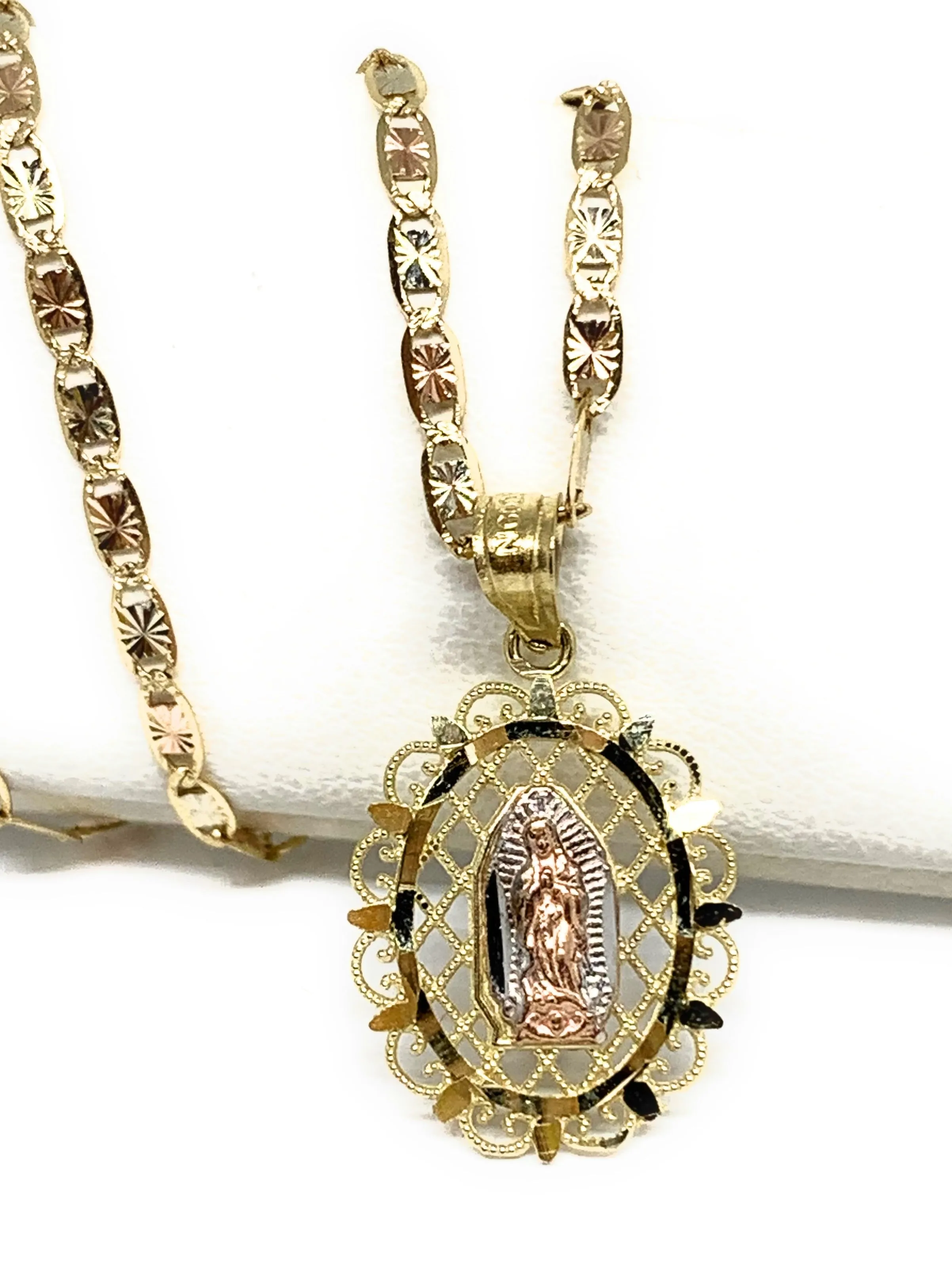 14k Solid Gold Tri-Color Virrgin Mary Elegant Pendant Necklace Virrgen Gaudalupe Valentina Chain