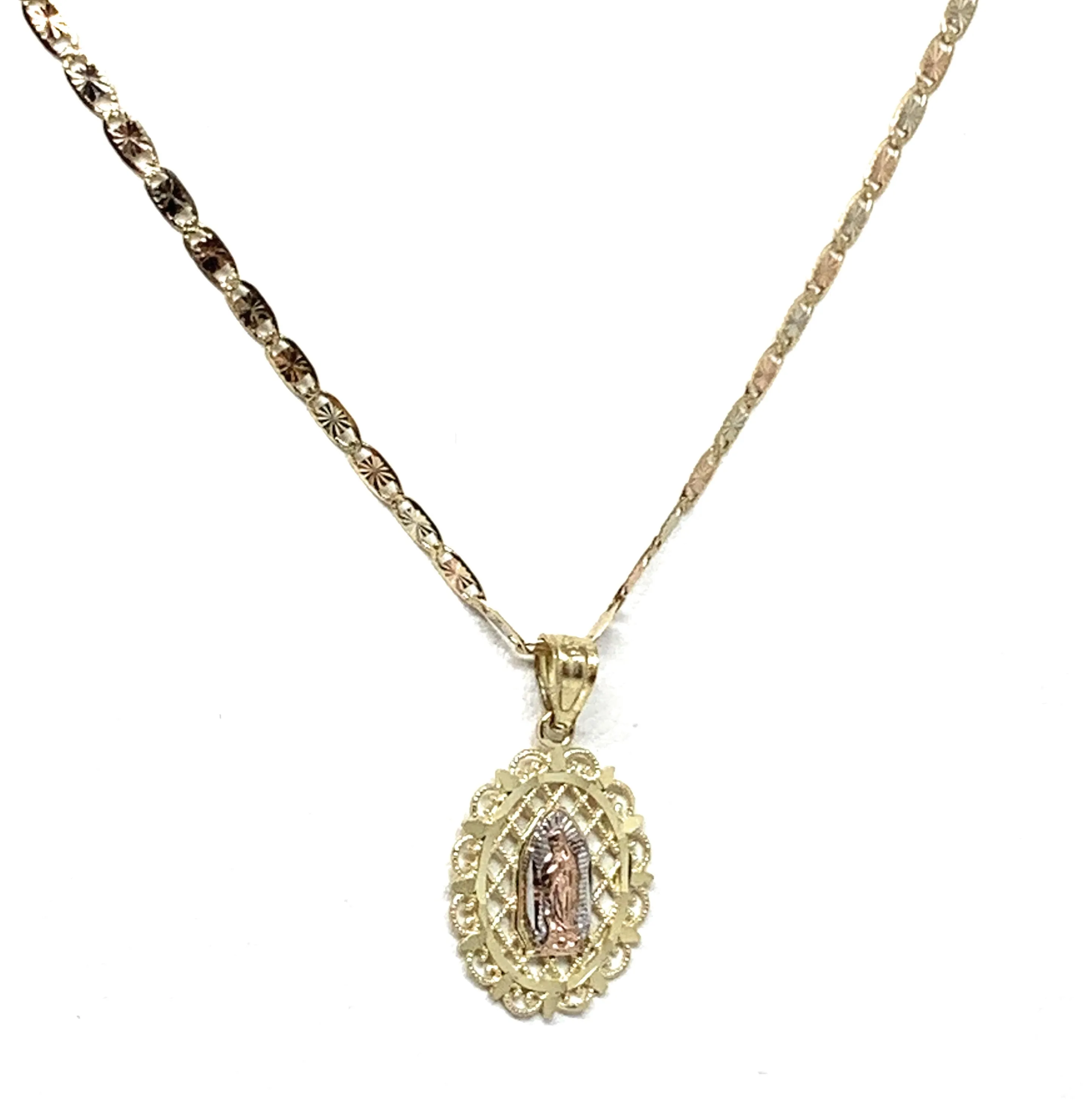 14k Solid Gold Tri-Color Virrgin Mary Elegant Pendant Necklace Virrgen Gaudalupe Valentina Chain