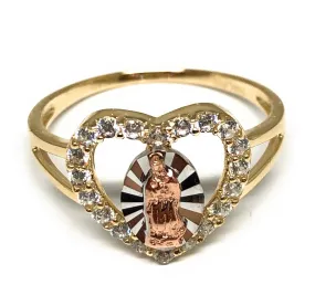 14k Solid Gold Tri-Color Virrgin Mary Heart CZ Ring (FC 209)