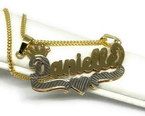 14k Solid Gold Yellow & White Custom CROWN CURSIVE WITH HEARTS 3D DOUBLE NAME ILLUSION  Nameplate Pendant Necklace with Chain Op