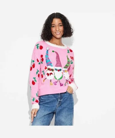 33 Degrees Women's Gnome Cherries Festive Graphic Sweater