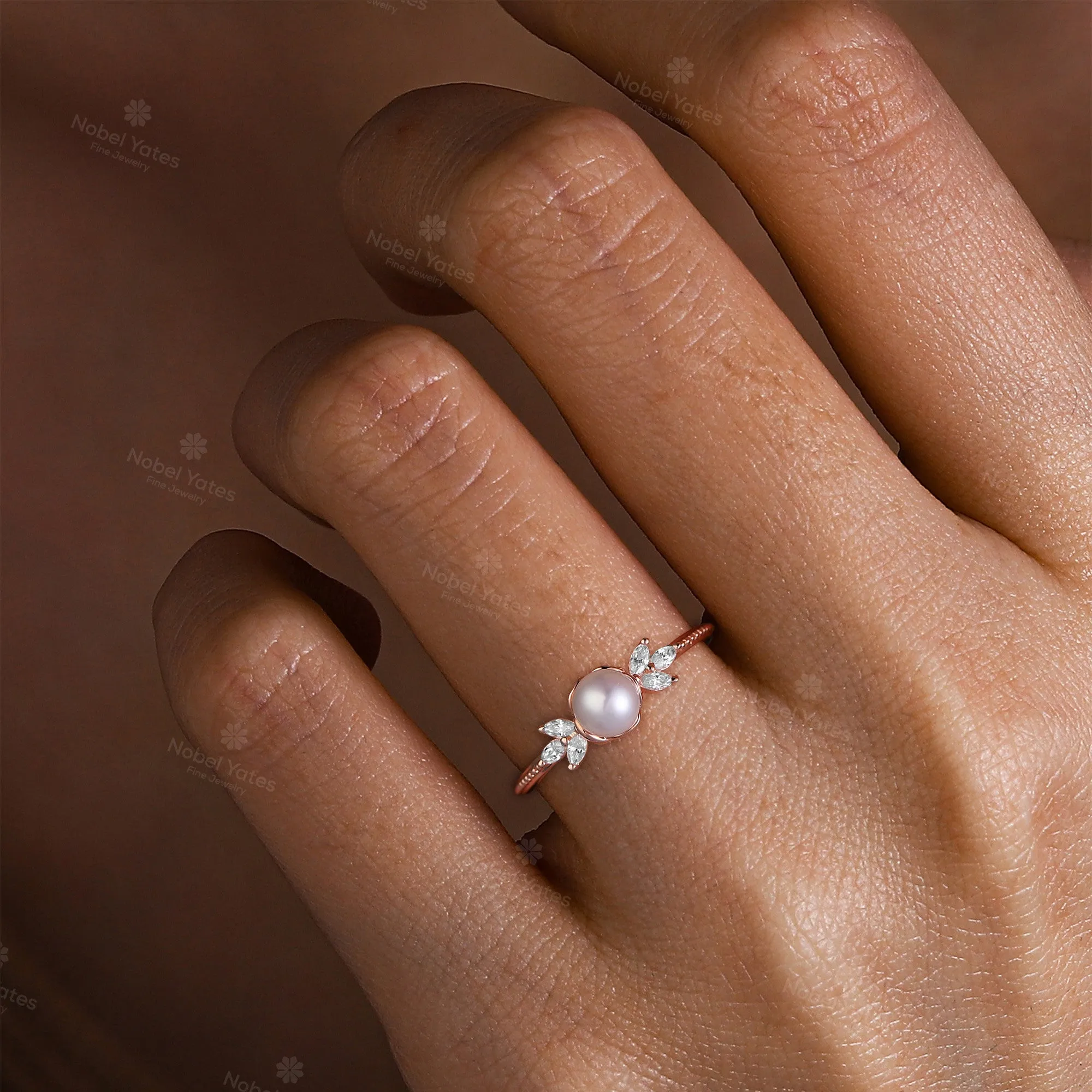 Akoya Pearl Foral Engagement Ring Marquise Moissanite Side Stone Milgrian Band