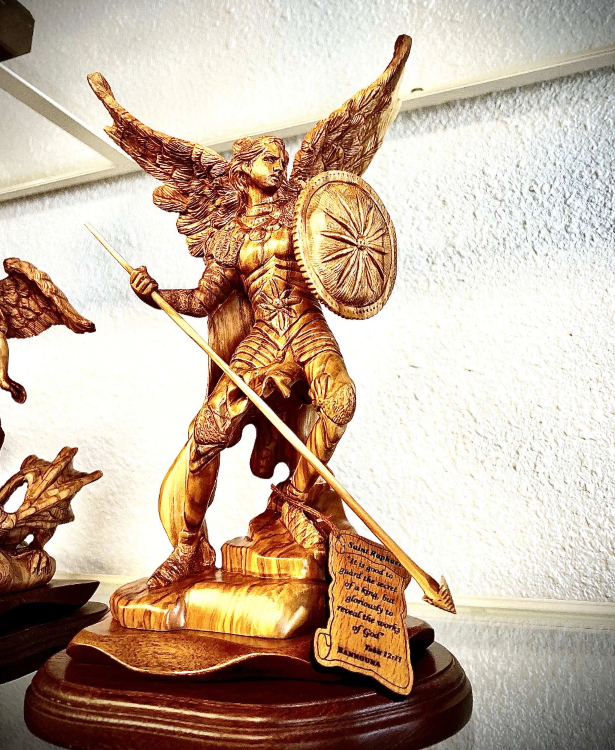 Archangel Raphael Masterpiece, 15 Wooden Sculpture from Holy Land