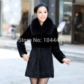 Brand newWarm Women Luxury Mink Fur Sleeve Long Coat Jacket Outwear Fur Collar UK8-16 SM6