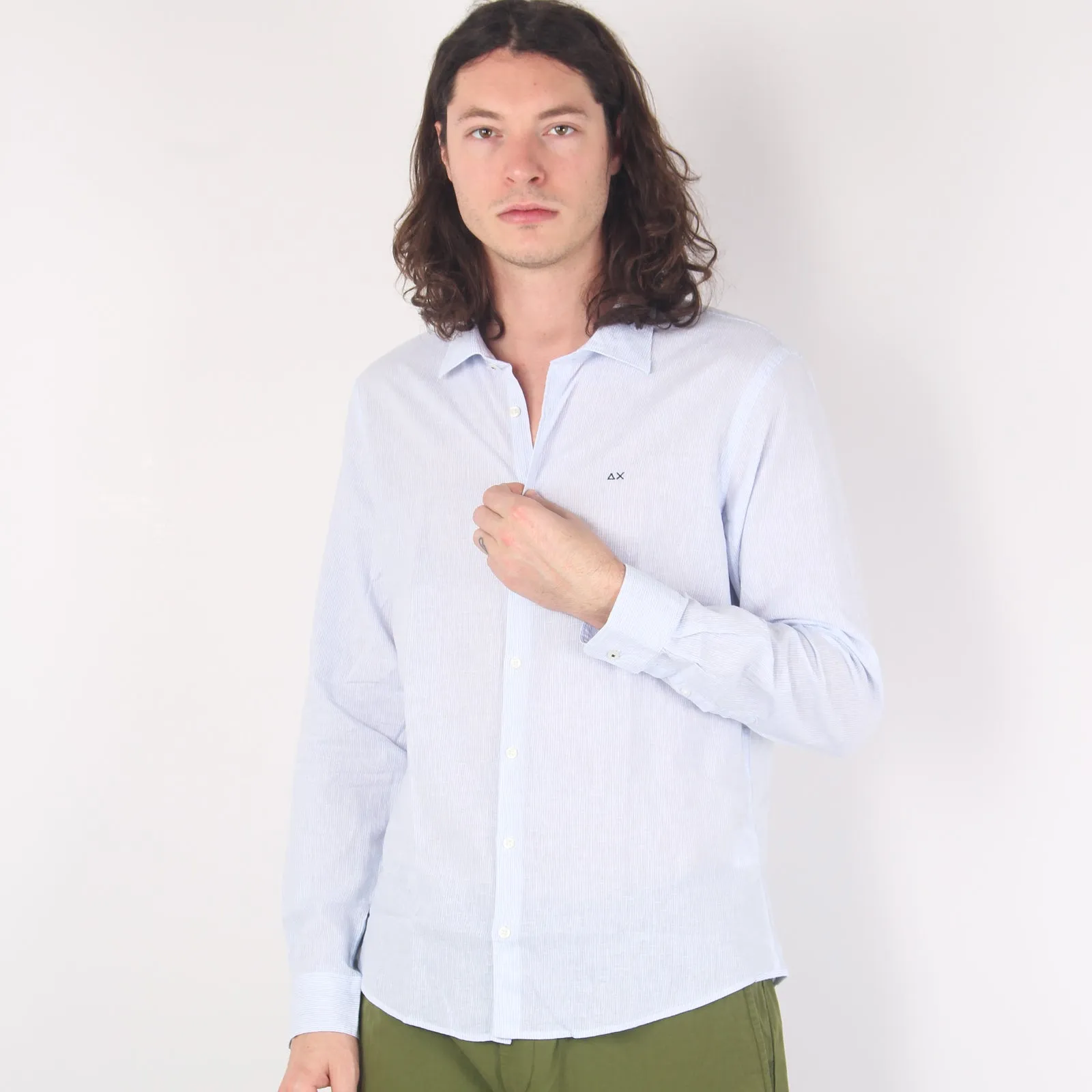 Camicia Lino Riga Bianco/azzurro