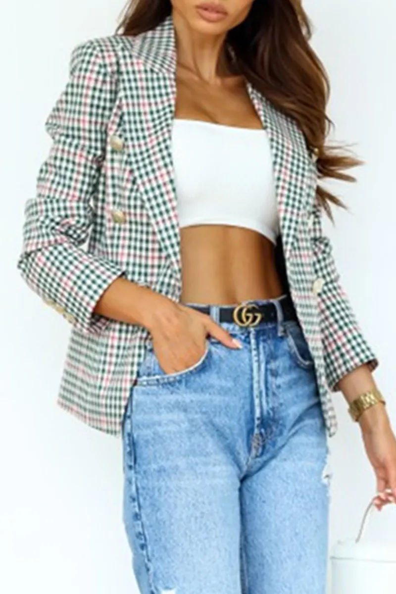 Casual Street Plaid Patchwork Buckle Turn-back Collar Outerwear