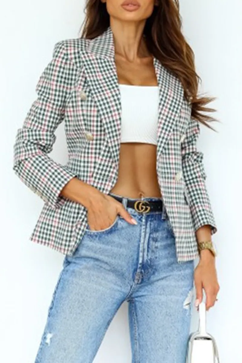 Casual Street Plaid Patchwork Buckle Turn-back Collar Outerwear