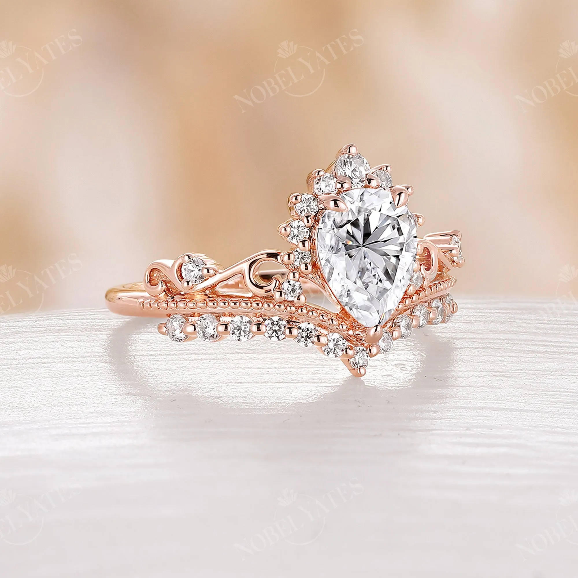 Crown Pear Moissanite Milgrain Matching Engagement Ring
