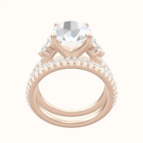 Diamond Band with Marquise & Round Diamond Sidestones Engagement Ring With Four Prong Head and Matching Band