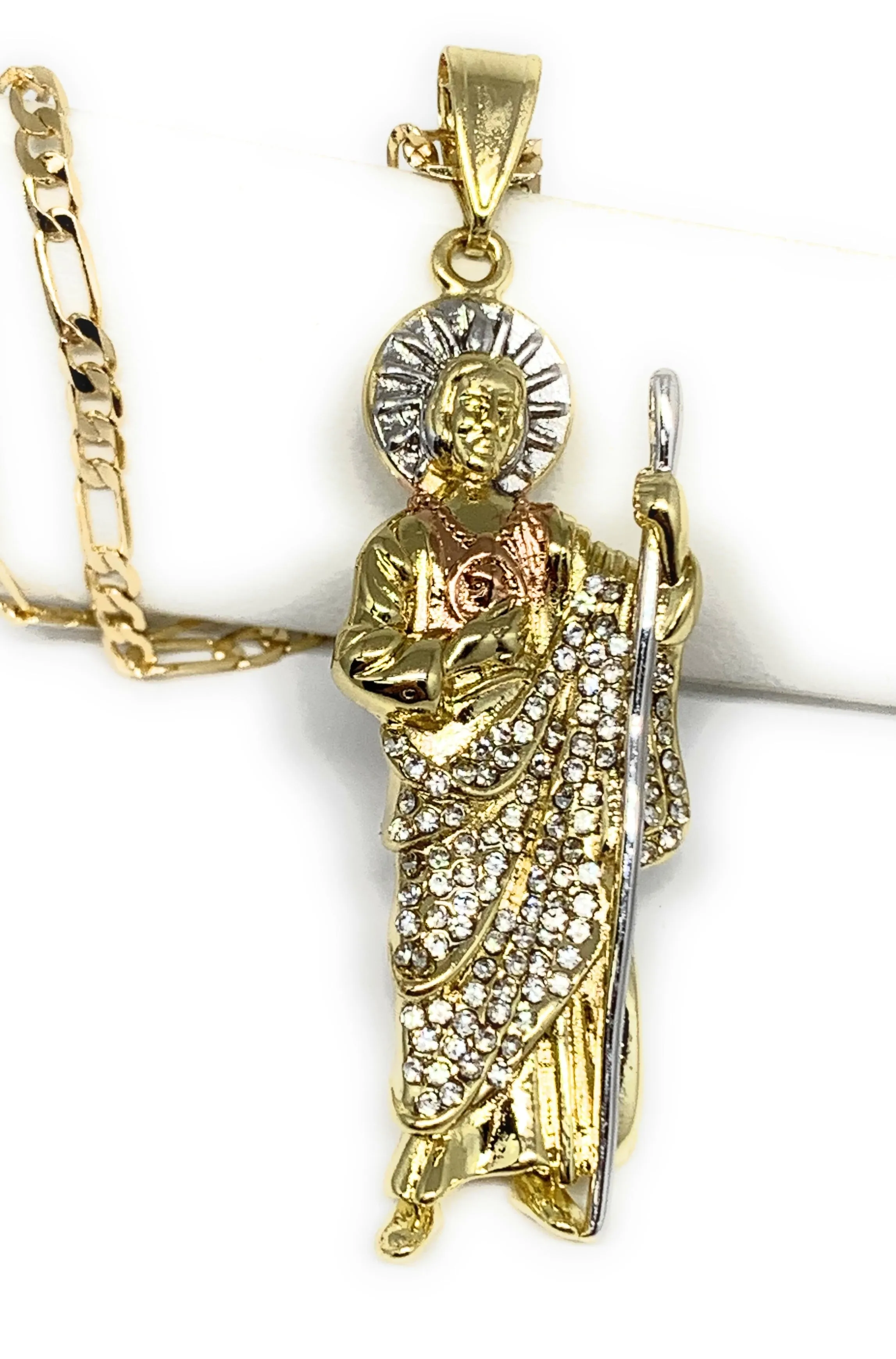 Gold Plated Saint Jude Pendant White CZ Necklace Figaro San Judas Tadeo Medalla
