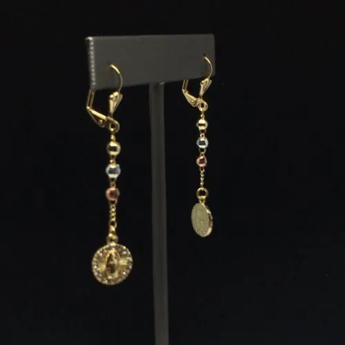 Gold Plated Virgin Mary Earrings with White Stones / Aretes De Oro Laminado De Virgen De Guadalupe Tres Colores Piedras Blancas