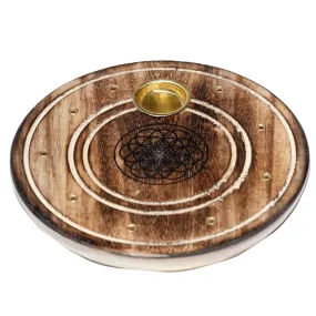 Mango Wood Round Flower of Life Ashcatcher Incense Sticks & Cones Burner IF234