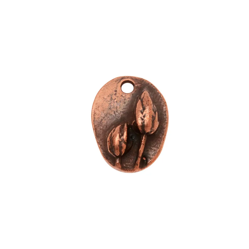 Metal Charm, Organic Oval with Prairie Pod Flower Design 13.5x10.5mm, Antiqued Copper, by Nunn Design (1 Piece)