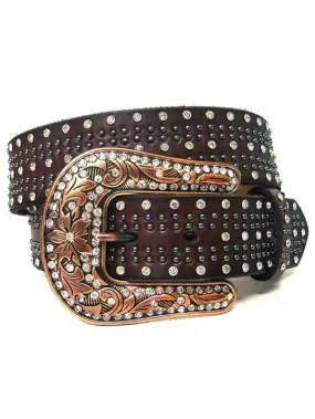 Nocona N3487802 Womens Leather Studded Crystal Western Belt Brown