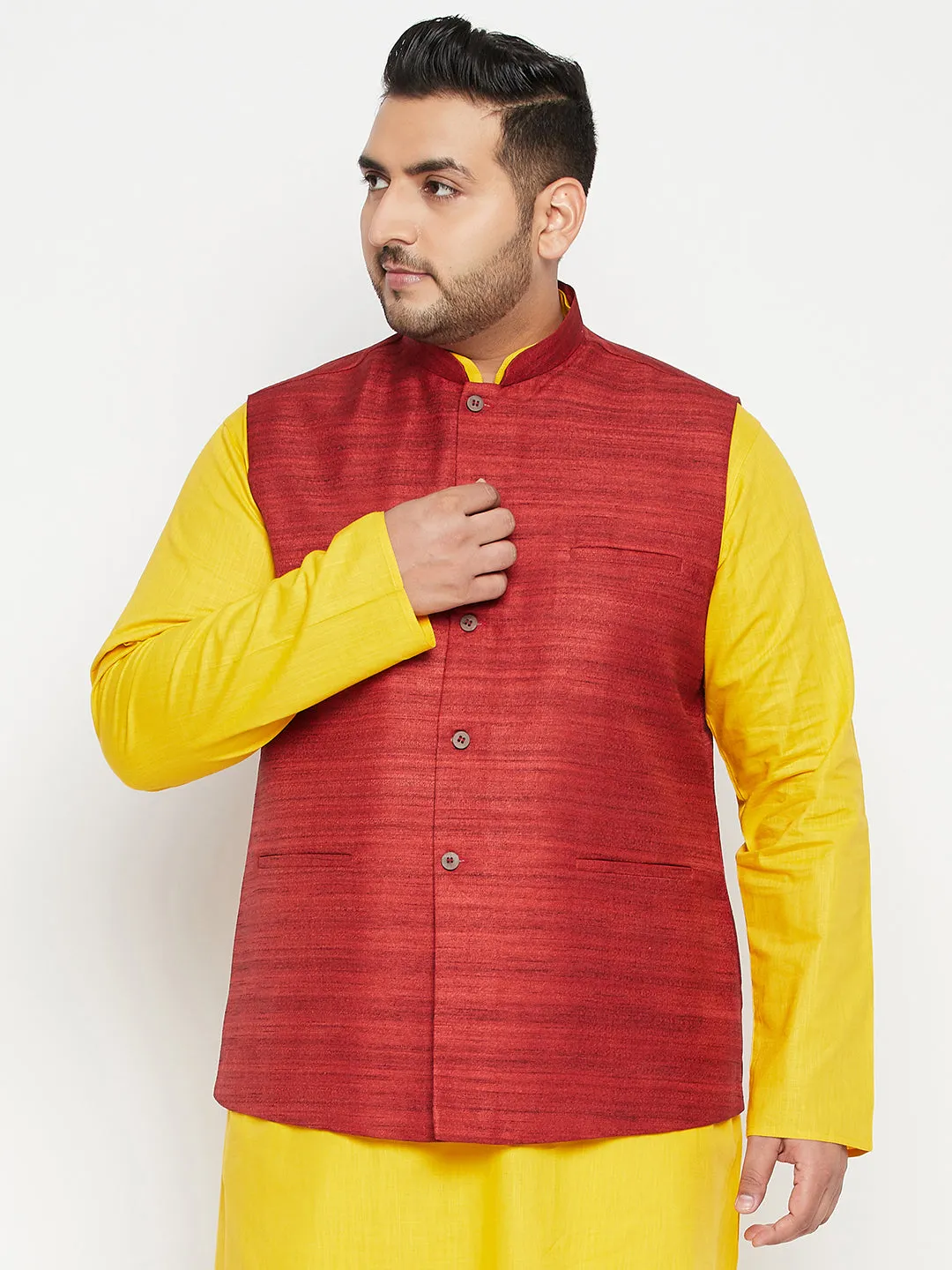 VASTRAMAY Men's Plus Size Maroon Color Matka Silk Textured Nehru Jacket