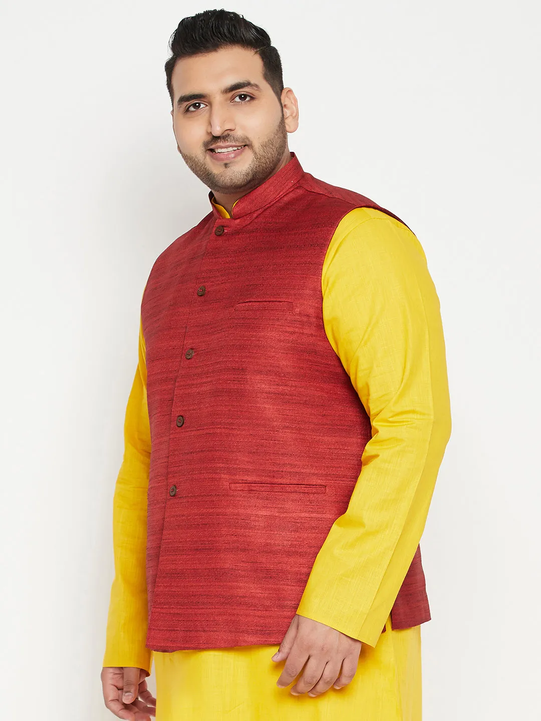 VASTRAMAY Men's Plus Size Maroon Color Matka Silk Textured Nehru Jacket