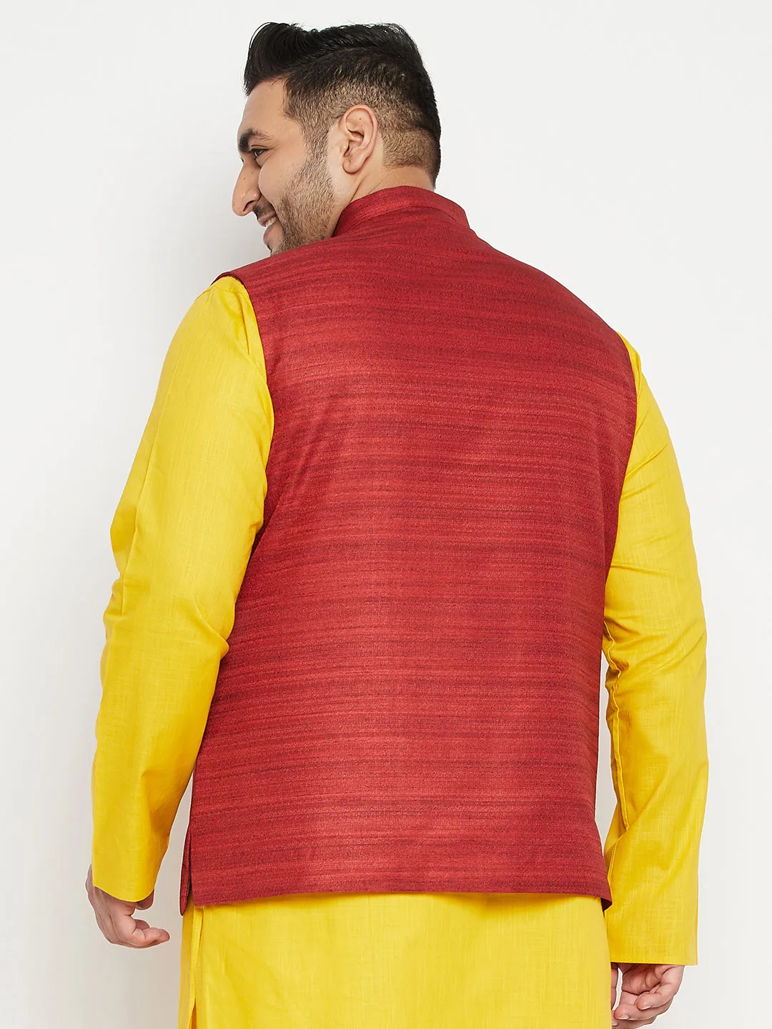 VASTRAMAY Men's Plus Size Maroon Color Matka Silk Textured Nehru Jacket