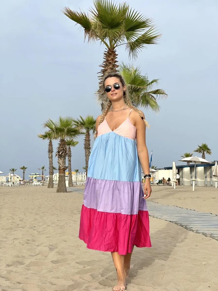 Vestito multicolor rosa, azzurro, lilla e fucsia